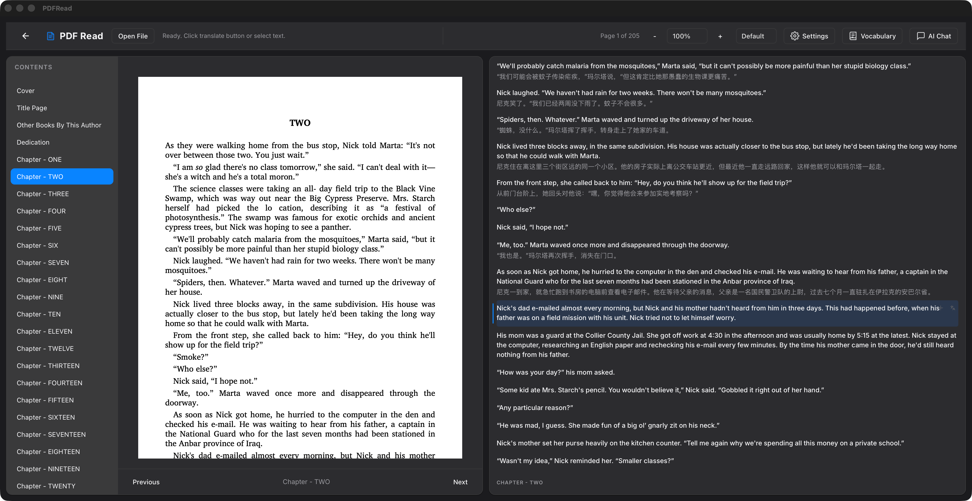 PDFRead application showing a PDF document with sentence-level translation highlights on the left and a translation panel on the right